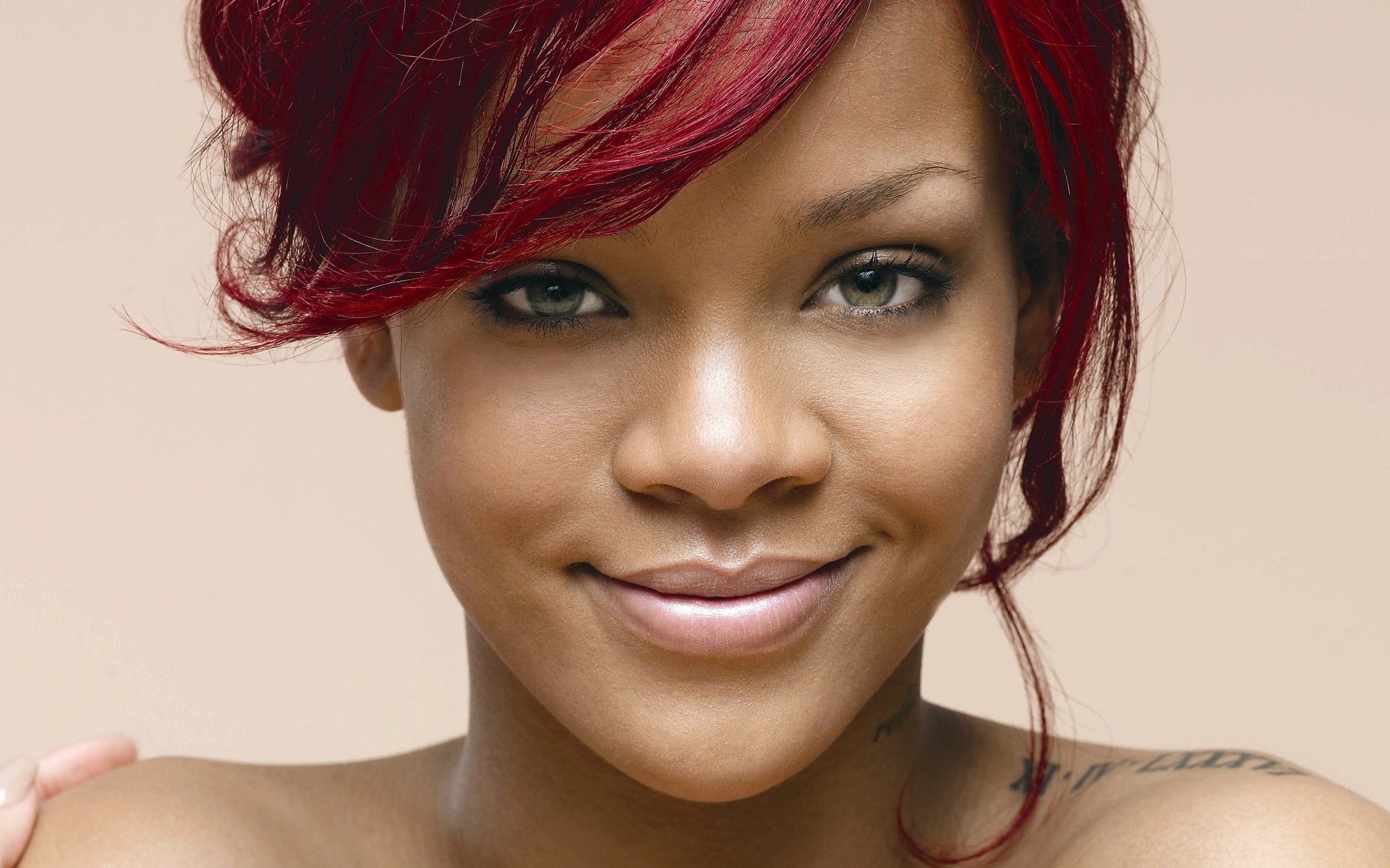 Rihanna, Brunette,  smile, Face, Tattoo, portrait, headshot